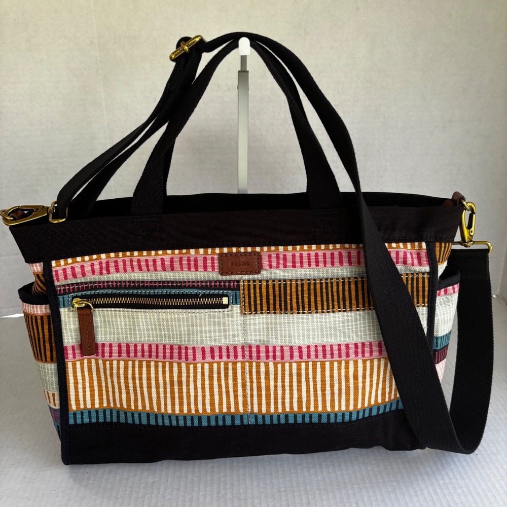 Fossil Passport EW Satchel Women Crossbody multicolor Striped Canvas New